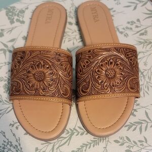 Myra Leather Tan Floral Embossed Slide Sandals